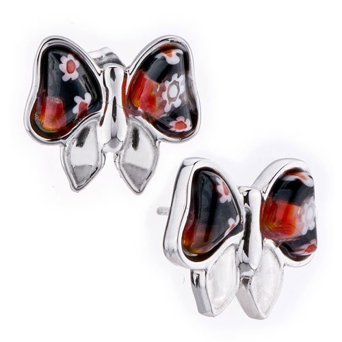 Pugster Silver Butterfly White Flower Millefiori Murano Glass Re Stud Earrings