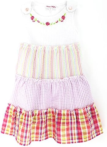 Forever Magic Girls Seersucker Color Block Rose Dress (4, Pastel/Lilac/Rainbow Plaid)