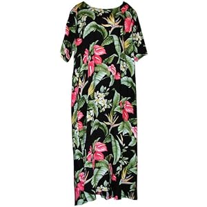 Plus Size Round Neck Long Dress - Anthurium Plumeria Hawaiian Aloha Caftan/Kaftan Style Evening Dress