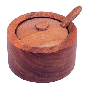 Pacific Merchants Acaciaware 4- by 4- by 2-Inch Acacia Wood Condiment Bowl with Lid and Spoon