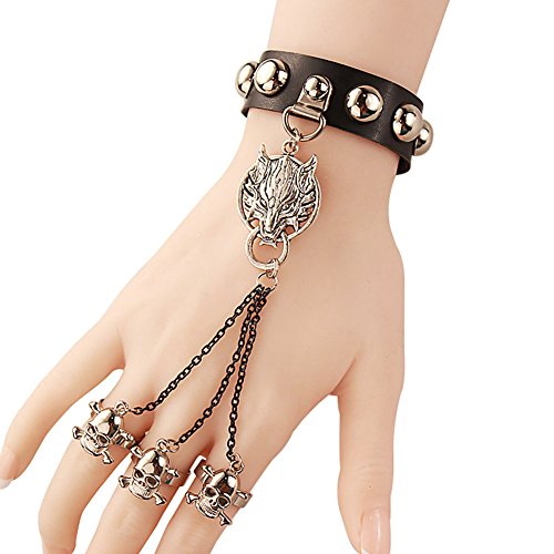 Lefinis Halloween Rock Punk Wolf Skull Bracelet Wristband with Linked Finger Rings