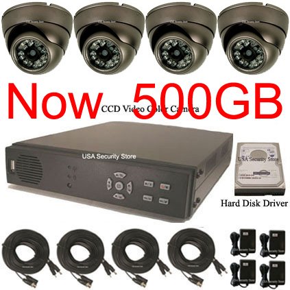 USA Security Store --- 4 Sharp CCD Day/Night Vision Color Cameras with 4 CH Security Surveillance DVR System Built-in 500GB HDD, Included 4x65FT video cables and Power Supplies KIT