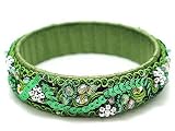 Handmade Style Forest Green Ribbon Bangle Bracelet with Sequin Crystal Beads