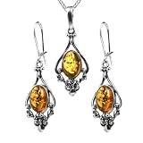 Amber Sterling Silver Dangling Style Filigree Pendant and Earrings Set, 18