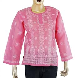 Ladies Kurta Cotton Long Sleeve Top Blouse Chikan Embroidery Size S (ctop392)