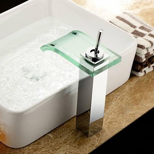 iFaucet Chrome Waterfall Bathroom Sink Faucet Vessel Faucet Centerset Widespread Modern Single Handle Single Hole Faucets Sprayer Lavatory Faucets Unique Designer Plumbing Fixtures Tub Shower With Tempered Glass Spout Mixer Taps