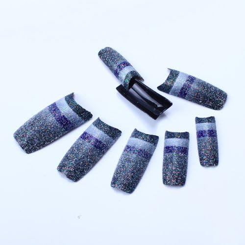 New stylish acrylic fake nails black white dark blue glitter designs nail art tips 70pcs