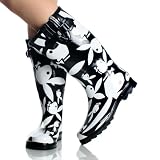 Playboy Bunny Swirl Womens Rain Boots Black White, 6