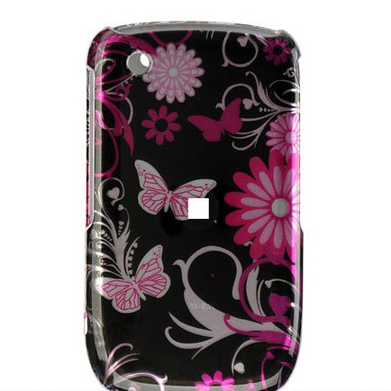 Premium Designer Hard Snap On Crystal Case for the Blackberry 8520 Curve Gemini - Cool Pink Butterfly Print