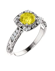 18K White Gold 6.00mm Round Cut Yellow Sapphire and Diamond Ring -- LIFETIME WARRANTY