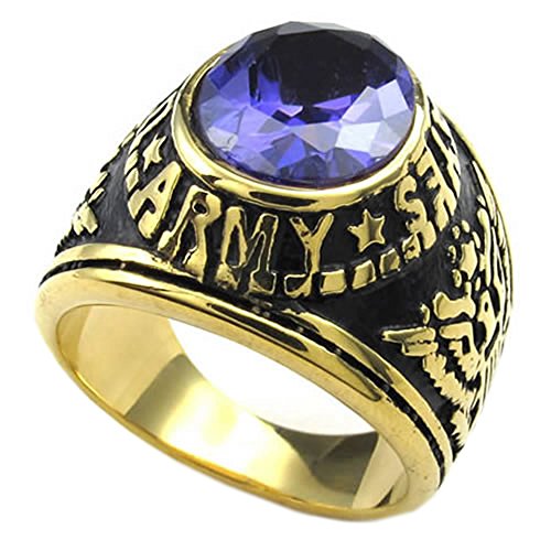 KONOV Mens CZ Stainless Steel Ring, Eagle Hawk US ARMY, Blue Gold