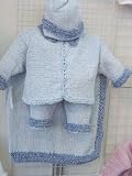 Cpk75bdbk, Knitted on Hand Knitting Machine Then Finished By Hand Crochet Infant Boys Outfit, Containing Blue Chenille Denim Chenille Trim Cardigan Sweater, Pant Hat Set with Matching Blanket