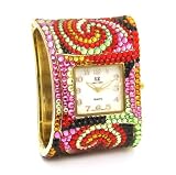 LZ New York Swarovski Crystallized Mother of Pearl Dial Quartz Movement Woman's Bangle Watch Swirl Design w/ Jet, Light Siam, Jonquil, Topaz, Peridot & Rose