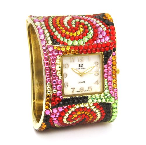LZ New York Swarovski Crystallized Mother of Pearl Dial Quartz Movement Woman's Bangle Watch Swirl Design w/ Jet, Light Siam, Jonquil, Topaz, Peridot & Rose at Amazon.com