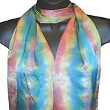 IMAGE OF ArtisanStreet's Kaleidoscope Hand Painted Silk Scarf. Stripes in Shades of Green Rose & Blue. One of a Kind, Signed by Artisan