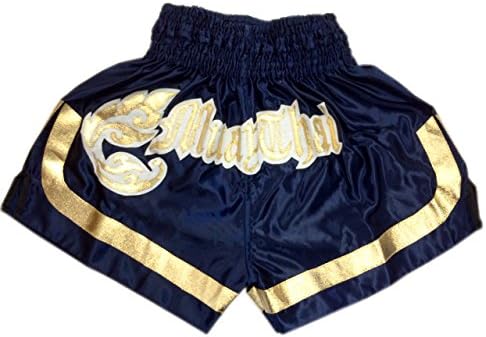 Woldorf USA MMA Boxing Muay Thai Shorts in Satin Dark Navy blue Gold cutt letter