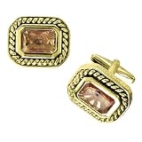 Clipped-Edged Rectangular Cufflinks with Gold Rope-Wrapped Edge and Amber Crystal Center