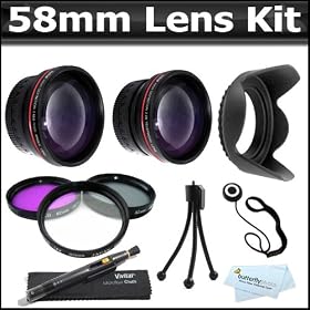 58mm 2x Telephoto HD Zoom Lens + 0.45x Wide Angle Lens + Multi-Coated 3 Piece Filter Kit (UV-CPL-FLD) + Lens Hood + More For The Canon EOS Rebel T2i, EOS 550D Digital SLR Camera Which Has Any Of These (18-55mm, 75-300mm, 50mm 1.4 , 55-200) Canon Lenses