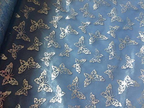 Blue Organza Fabric with Glittery Silver Butterflies (2 yards)