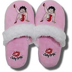 Betty Boop Pink Terry Slippers with faux White fur trim
