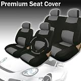 New 13 pieces Universal Synthetic Leather Car Seat Covers Set with 40/60, 50/50 Split Feature Rear Covers, Steering Wheel cover and Seat Belt Covers -Black and Gray