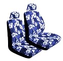Set of 2 Universal-fit Hawaiian Low Back Front Bucket Seat Cover with Separate Headrest Cover - Blue Hawaii Hibiscus Floral Print