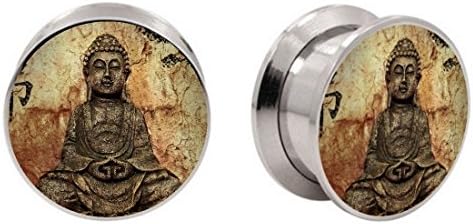 bOdfx Exclusive Ear Stretching Plugs. 1 Pair. Rustic Buddha Ear Gauges (00g Stainless)