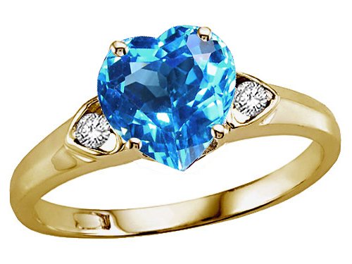 1.84 cts Genuine Heart Shape Blue Topaz and Diamond Ring - 14kt White or Yellow Gold
