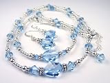 3 Piece Set in Sterling Silver - Aquamarine March Birthstone 3 Piece Set: Sterling Silver Swarovski Crystal Handmade Beaded Necklace, Bracelet and Earrings