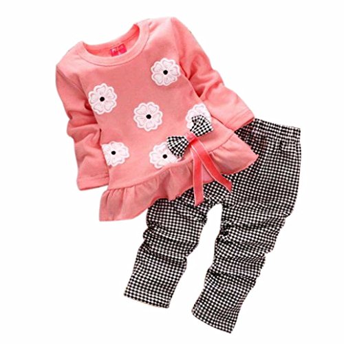 XILALU Kids Girls Long Sleeve Flower Bow Shirt Plaid Pant Set Clothing