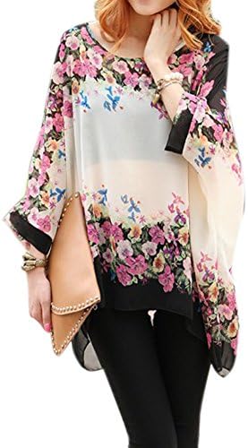 Qianbo Women's Bohemian Flower Print Chiffon Shirt Bat Sleeve Baggy Blazer XL