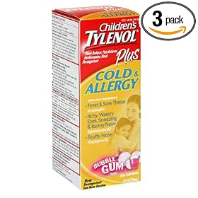 Tylenol Children's Plus Cold & Allergy, Bubble Gum, 4-Ounce Bottles (Pack of 3)