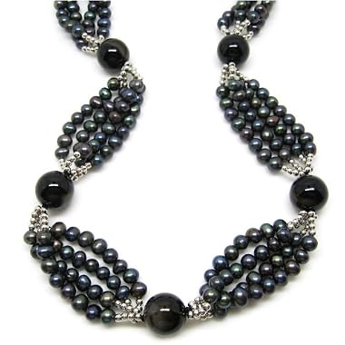 HinsonGayle Glamour Collection "LUNA" Peacock Black Cultured Pearl, Agate and Silver Necklace