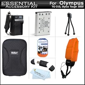 Essential Accessories Kit For Olympus Tough TG-320, TG-310, Stylus 3000 Digital Camera Includes Extended (1000Mah) Replacement LI-42B Battery + AC/DC Charger + Hard Case + Strap Float + USB 2.0 SD Reader + Mini Tabletop Tripod + Screen Protectors + More