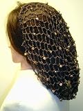 S156nv, Hand Crocheted Gun Metal Large Snood with Ivory Pearls for Women