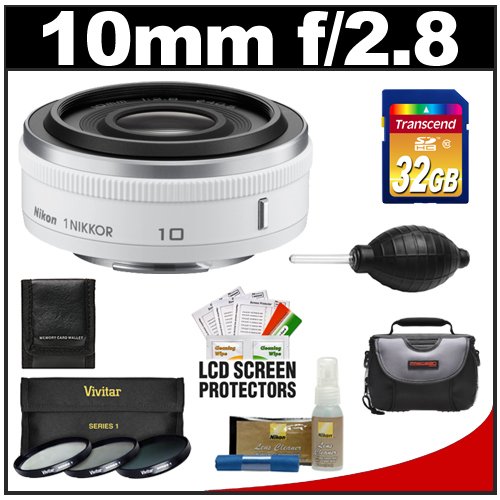 Nikon 1 10mm f/2.8 Nikkor Lens (White) with 32GB Card + Case + 3-Piece UV/CPL/ND8 Filter Set + Cleaning & Accessory Kit