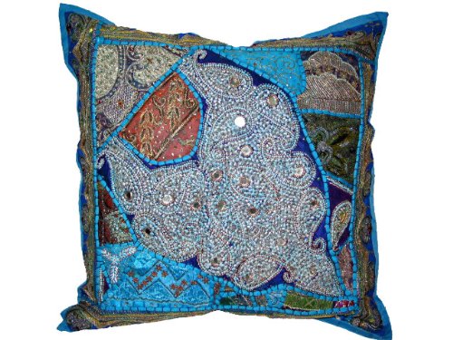 Beaded Zardozi Vintage Sari Dodger Blue Floor Pillows Cushion Cover 24