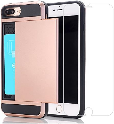 iPhone 7Plus Case+Screen Protector, Small7 Wallet Cover iPhone 7Plus Card Slot Case Protective Shell Rubber Bumper Case Anti-scratches Hard Cover Card Holder Wallet Case for iPhone 7Plus(Rose gold)