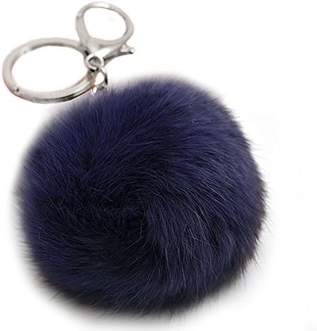 Women Genuine Rabbit Fur Ball Keychain Handbag Cars Key Rings,Navy Blue