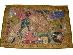 Olive Green Sequin Beaded Embroidered Tapestry Vintage Sari Wall Hanging 60x40