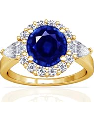 18K Yellow Gold Round Cut Blue Sapphire Ring With Sidestones (GIA Certificate)