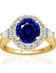 14K Yellow Gold Round Cut Blue Sapphire Ring With Sidestones (GIA Certificate)
