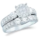 14k White Gold Diamond Ladies Womens Bridal Engagement Ring with Matching Wedding Band Two 2 Ring Set Invisible Solitaire Style Center Setting Three 3 Stone with Side Stones Channel Set Large Princess and Round Brilliant Cut Diamond Ring (1.47 cttw, G - H Color, SI2 Clarity)