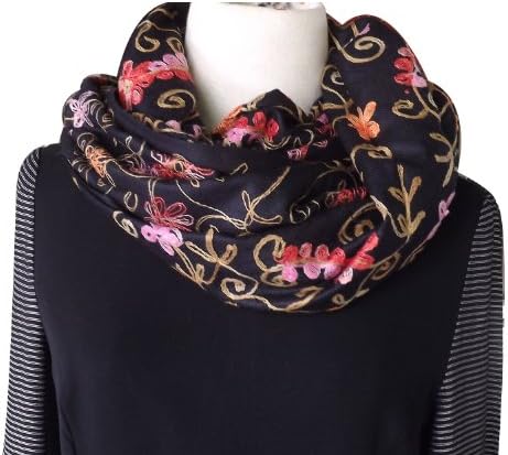 BLACK SCARF/ SHAWL - CASHMERE PASHMINA WRAP WITH ALL OVER CREWEL EMBROIDERY Size : 38" X 80"
