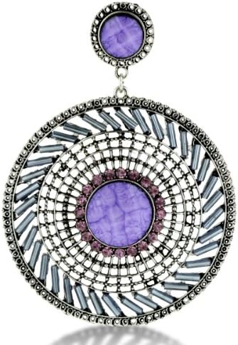 Silver Tone 3.5 inch Purple Bead Medallion Drop Earrings