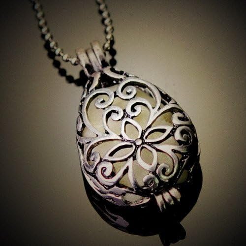 Glow in the Dark (Blue)Atlantis Silver Locket Hollow Water Drop Pendant Luminous Statement Chocker Necklace