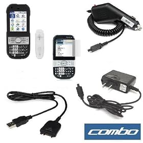 Solid Black Rubberized Hard Cover Case with Belt Clip + Rapid Car Charger + Home Travel Charger + Clear Reusable LCD Screen Protector + USB Data Cable for Palm Centro 690 685 Smartphone