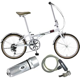 CHEVROLET(シボレー) 20インチ6段折畳自転車 CHEVY FDB206N ホワイト / LED5連ライト / アルミディンブル錠 JC-005W シルバー 3点セット