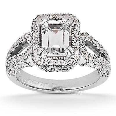 14K White Gold Emerald and Round Cut Diamond Promise Engagement Ring  1.45ct.tw, HI Color, SI2-3 Clarity