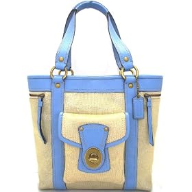 Coach 13103 Legacy Nylon Signature Tote Handbag in Khaki and Blue